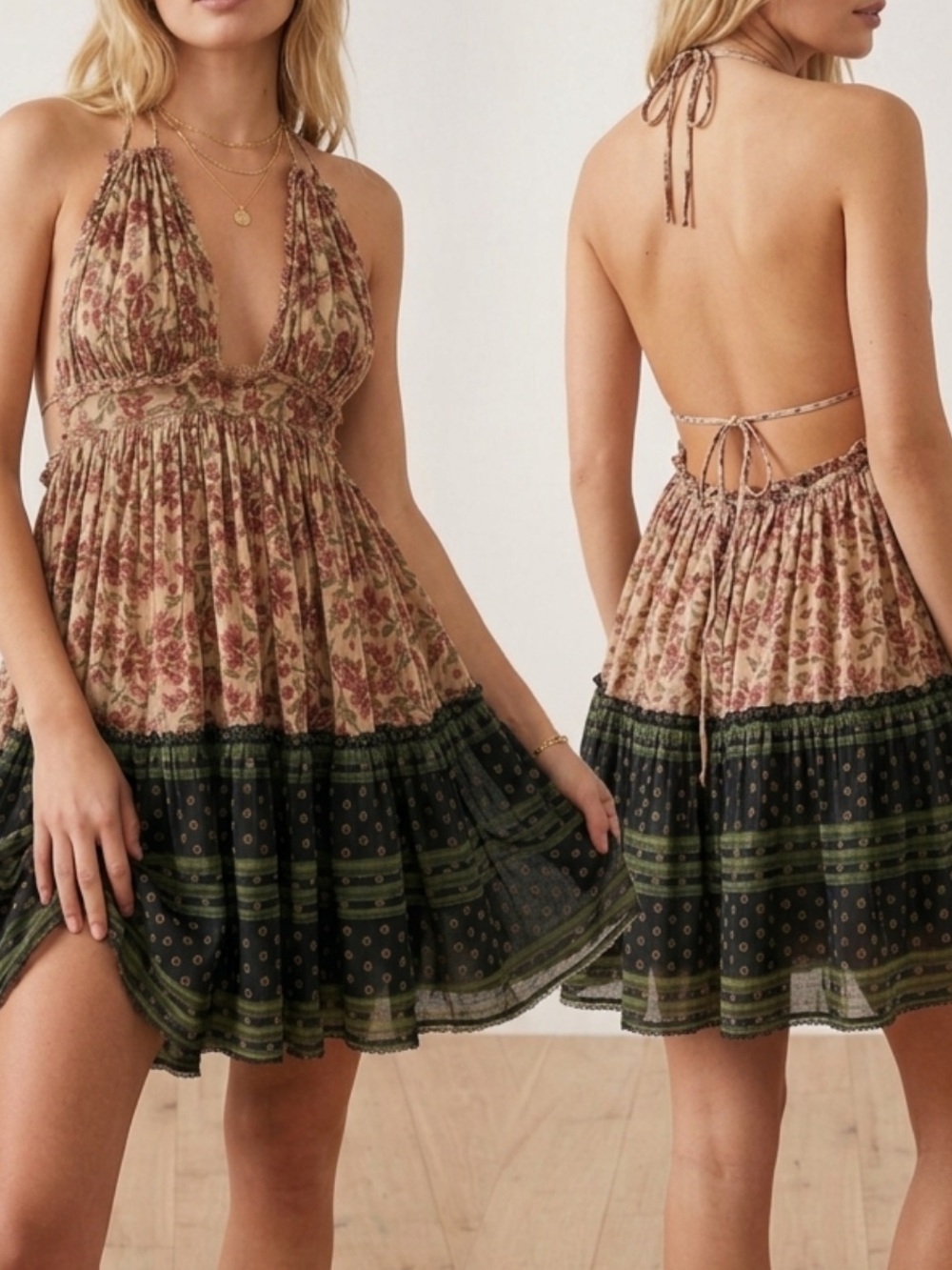 Free People Women’s S Floral Halter Backless Mini Dress in Red/Green Cottogecore